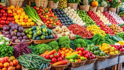 Obraz premium Colorful arrangement of fresh fruits and vegetables in a market stall, stall, colorful, stall, colorful, edible, juicy