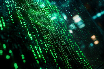 Digital Data Streams With Green Coding Patterns Over A Futuristic Technological Landscape. Generative AI