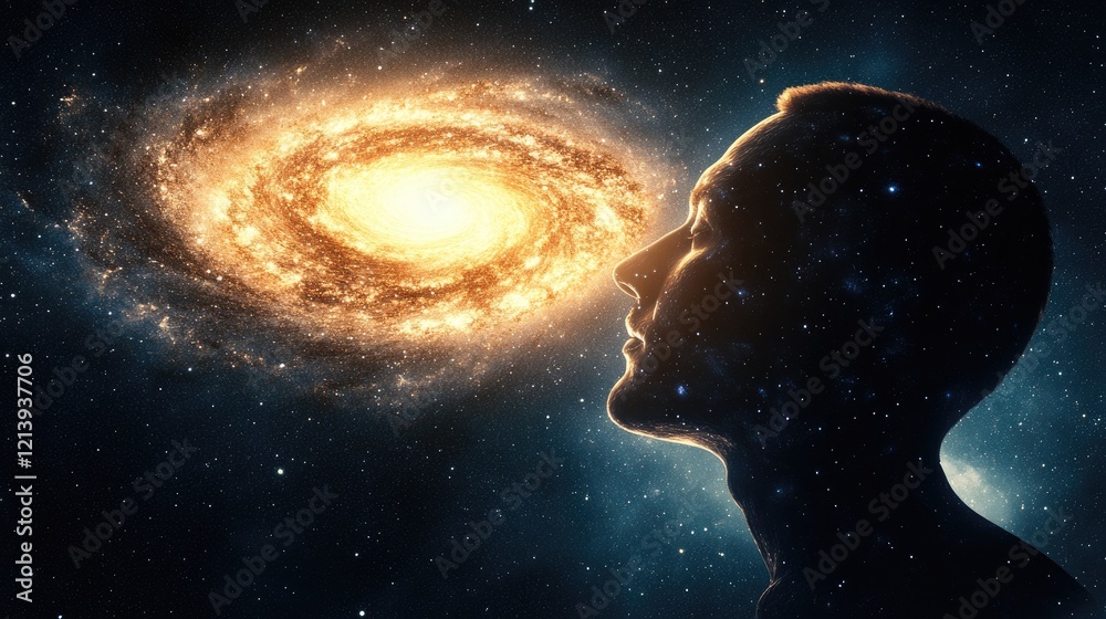 Wall mural contemplation of the cosmos: a human silhouette and galaxy