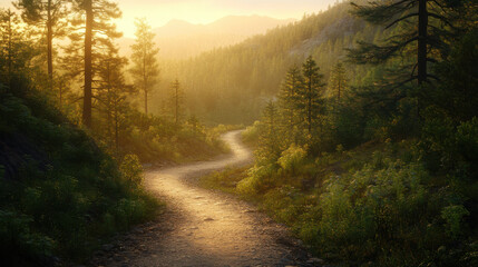 Fototapeta premium A serene mountain path winding through a valley, flanked by tall pine trees and a crystal-clear stream meandering alongside it. Golden hour light bathes the landscape in warm hues, with intricate deta