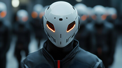 Fototapeta premium Cybernetic soldier commanding troops, wearing gleaming white helmet with pulsing orange lights, standing amid dystopian urban landscape representing technological warfare
