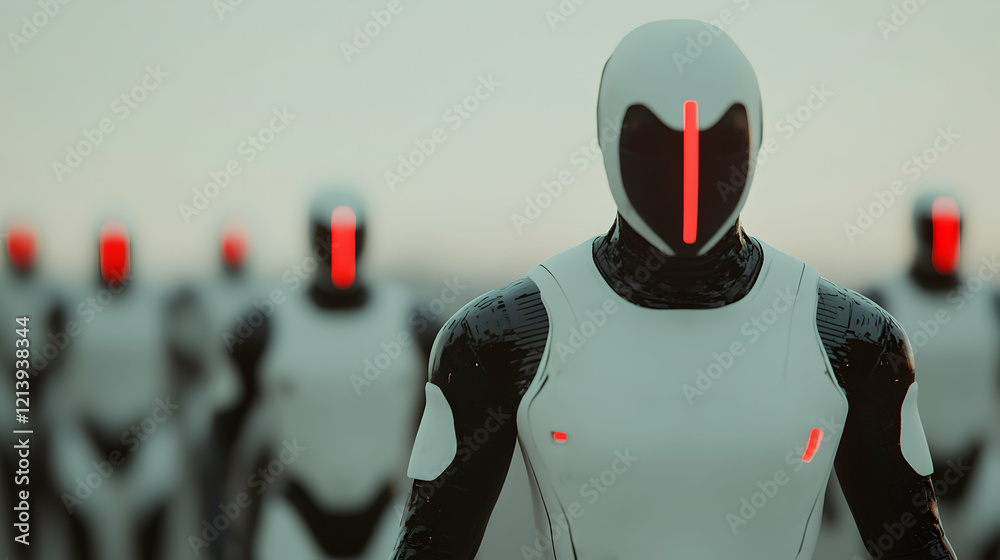 Wall mural futuristic robot army with glowing red lights marching in a desolate landscape, showcasing advanced 