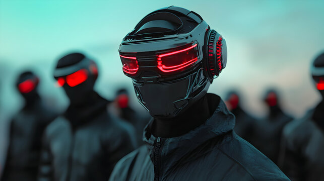Cyberpunk soldier wearing futuristic helmet with red lights leading group of soldiers in a desolate landscape, concept of futuristic warfare and advanced technology