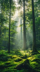 Obraz premium Lush Green Forest Scene with Sunlight Rays Illuminating the Tranquil Atmosphere, Highlighting Mossy Ground and Majestic Trees