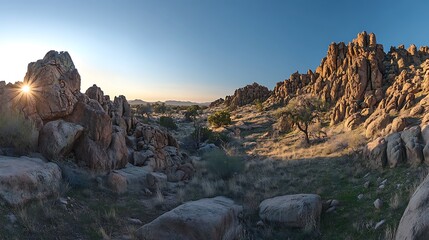 Sunset behind rocky outcrops with Joshua trees in a tranquil desert park