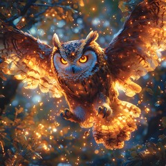 Majestic Gliding Owl Soaring Through Luminescent Enchanted Woodland