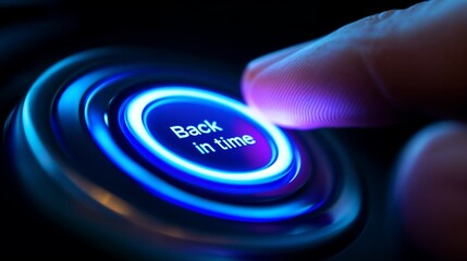 Glowing "Back in time" button with spiral effect. Perfect for nostalgia, time management, and historical content themes.