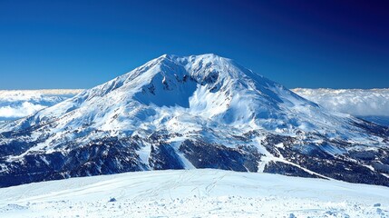 Obraz premium Majestic Snow-Covered Mountain Peak under a Vibrant Blue Sky