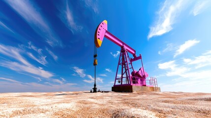 Fototapeta premium Pink oil pumpjack operating in a dry desert under a bright blue sky.