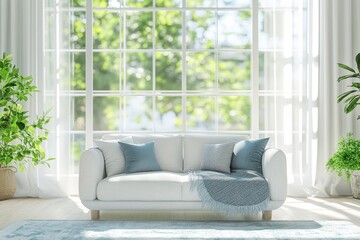 Modern living room sofa, sunlit window, green garden view, home decor