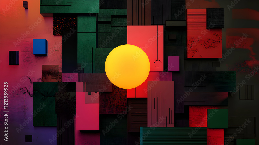 Poster luminous yellow sphere casting radiant light across colorful geometric shapes, generating dynamic in