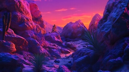 Desert rocks and Joshua trees illuminated by the vibrant hues of sunset