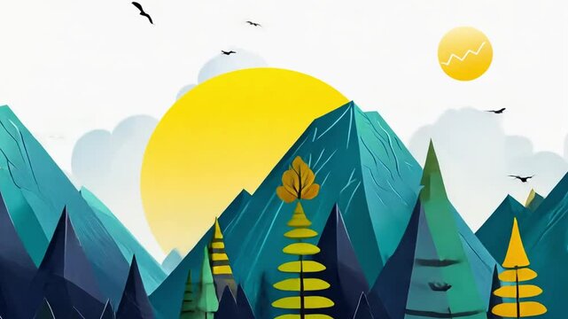 Vibrant landscape featuring mountains, a large sun, and colorful trees under a clear sky