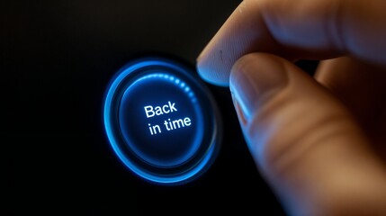 Glowing blue "Back in time" button in darkness. Ideal for nostalgia and historical concepts.