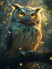 Majestic Copper and Emerald Owl Navigating a Lush Ethereal Forest