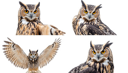 Obraz premium Collage with photos of beautiful eagle owl on white background