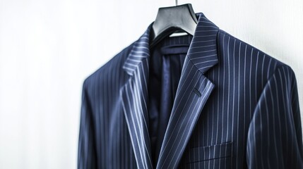 Elegant Navy Blue Pinstripe Suit Displayed on Hanger