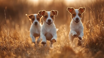 Joyful Puppies Running Through Tall Grass in Sunlight