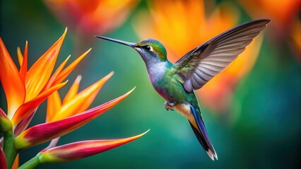 Fototapeta premium A stunning close-up shot of a flying hummingbird in mid-air, with its tiny body and delicate wings visible against the vibrant colors of a Strelitzia flower , birds, inflight