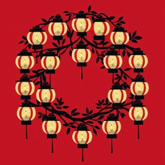 Festive Red and Gold Lanterns Hanging on a Branch Wreath