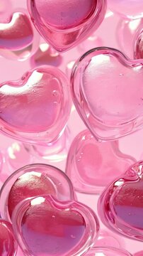 A close-up view of glossy, transparent pink hearts with a reflective surface, creating a dreamy and romantic visual effect.
