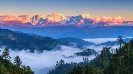 Majestic Himalayan Mountains Sunrise Over Foggy Valley