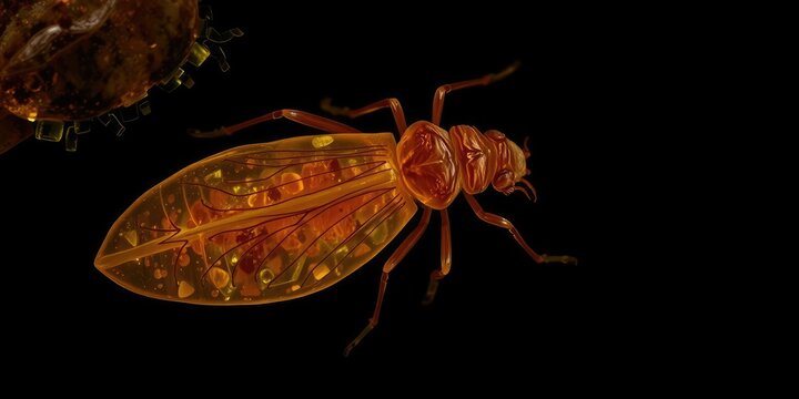 Fossilized insect preserved in translucent amber on dark background, ancient fossils, insect fossil