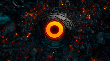Sleek urban landscape featuring complex architectural design, glowing orange portal radiating high tech illumination against futuristic metropolitan skyline