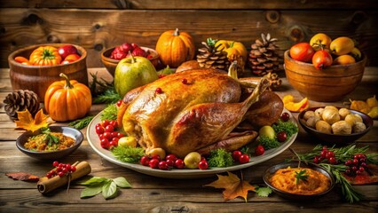 Turkey Feast on Wooden Table, autumnal flavors, festive cuisine