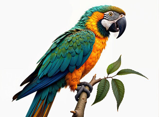 Fototapeta premium The vibrant image features a stunning parrot perched on a branch, showing off its bright colors and mesmerizing gaze. Perfect for nature, wildlife and tropical projects.