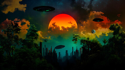 Obraz premium Futuristic cityscape skyline near tropical forest with spaceships flying and hovering in colorful sunset sky with large red sun and planet, science fiction invasion concept