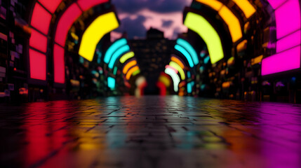 Low angle view of a futuristic neon tunnel with colorful lights leading to a metaverse city at sunset, creating a mesmerizing and vibrant atmosphere