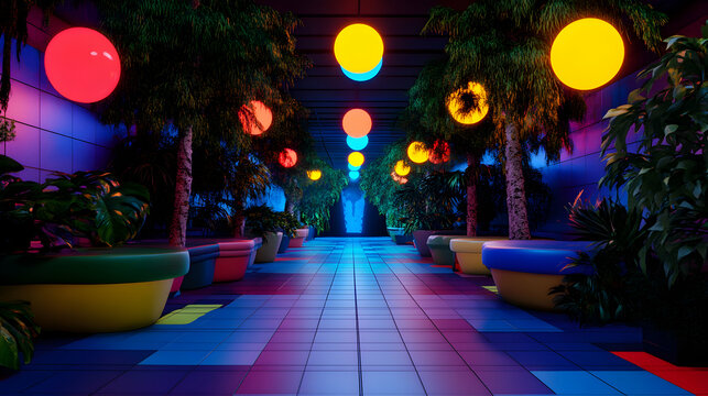 Tropical plants thriving in large, vibrant pots line an empty hallway, glowing under colorful lights that create a retro futuristic atmosphere reminiscent of 80s and 90s design