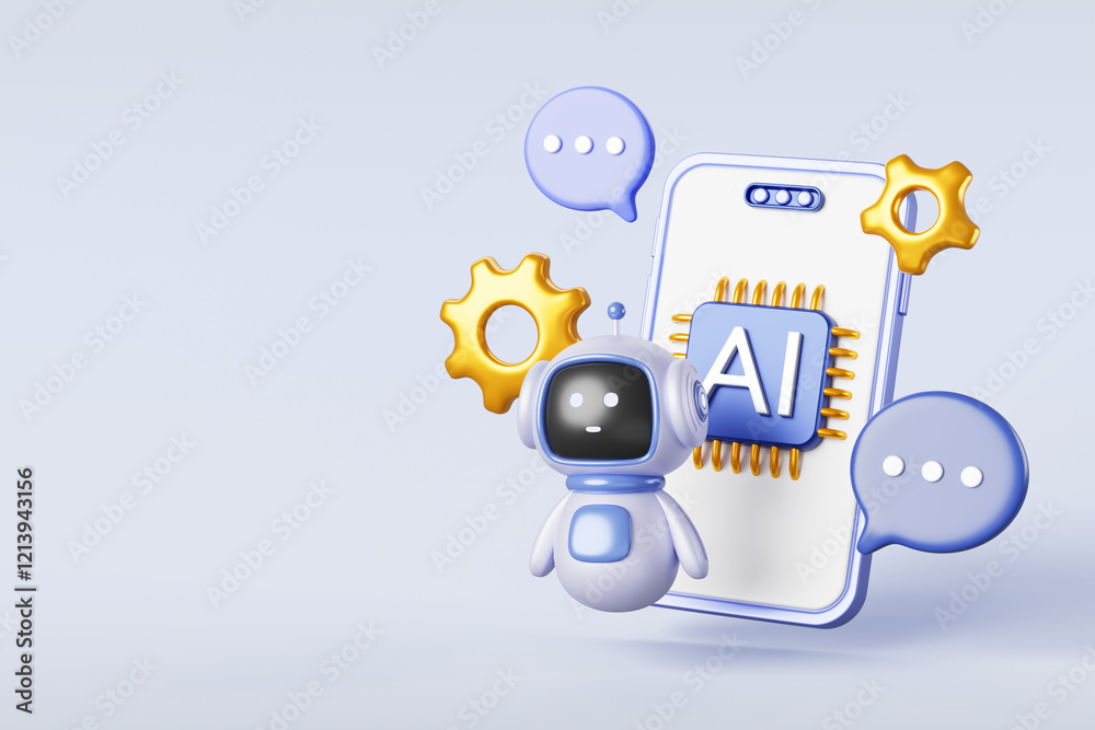 Fototapete Chatbot technology 3d banner. Mobile phone with ai chip icon on screen, robot, speech bubble, gears render. Online chat bot service with artificial intelligence GPT, support assistant. 3D illustration