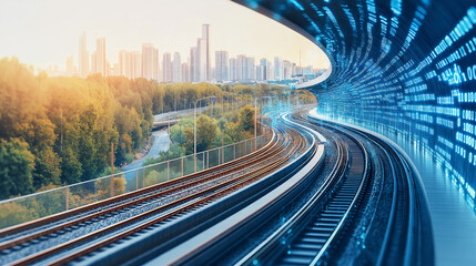 Fototapeta premium Digital Rails Leading to Progress: A futuristic, cityscape skyline is framed by a railway track, adorned with a wall of binary code.