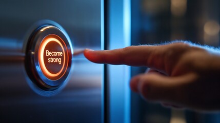 Glowing "Become strong" button on reflective surface. Great for personal development themes.