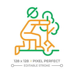 Planting trees two color line icon. Gardener planting sapling. Environmental care. Reforestation. Garden work. Bicolor outline symbol. Duotone linear pictogram. Isolated illustration. Editable stroke