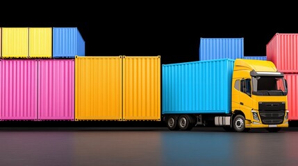 Colorful shipping containers and a yellow truck in a warehouse