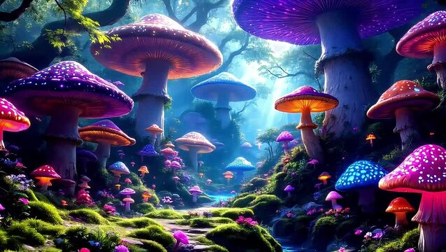 Enchanted Glowing Mushroom Forest Path: A Magical Digital Fantasy Artwork