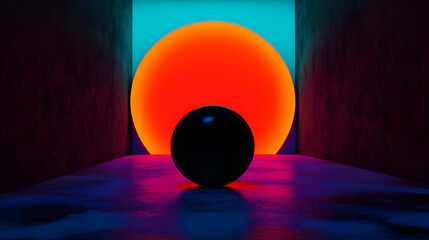 Metallic black sphere sitting on glossy surface, framed by neon lit concrete corridor with bold orange circle casting dramatic shadows and stark geometric contrast