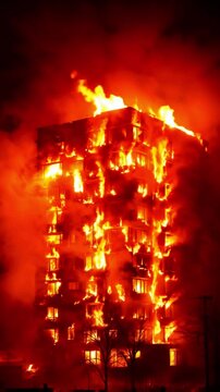 Tall Building Engulfed in Flames During a Devastating Nighttime Fire
