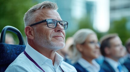 Attentive man at outdoor business conference, city background; ideal for corporate event promotion