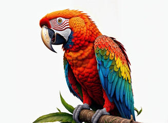 Obraz premium A vibrant scarlet macaw with brilliant plumage perches on a branch against a white background. This captivating image is perfect for adding a tropical touch to any project