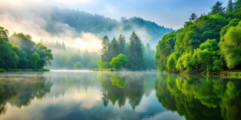 Obraz premium A serene landscape with a misty lake, surrounded by towering trees and lush greenery, inviting the viewer to escape into its peaceful realm, tranquility, escape