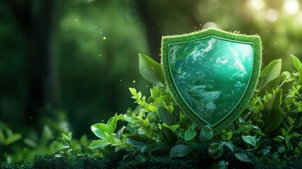 Fototapeta premium earth Protect A vibrant green shield superimposed over a detailed image of Earth, symbolizing protection and preservation.