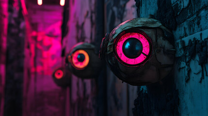 Surveillance cameras with glowing red eyes are watching a dark corridor in a dystopian future, creating a sense of unease and constant monitoring