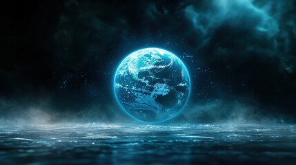 Obraz premium earth futuristic A holographic projection of Earth with data streams and futuristic interface elements, technological advancement concept.