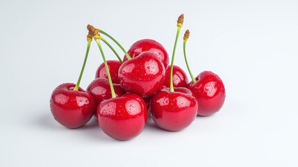 Juicy Red Cherries with Water Droplets on White Background: Fresh, Ripe Summer Fruit
