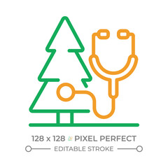 Tree health care two color line icon. Tree diagnosis and treatment. Plant care. Sustainable forestry. Bicolor outline symbol. Duotone linear pictogram. Isolated illustration. Editable stroke