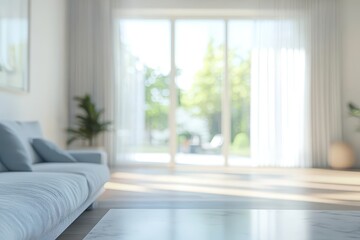 Modern living room, sunlight, marble table, sofa, garden view, product display